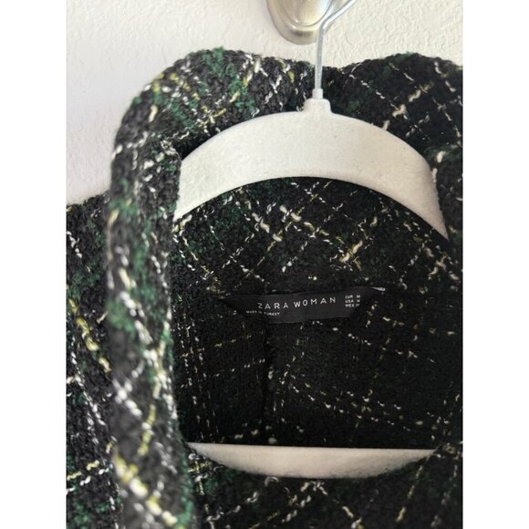 ZARA WOMAN Tweed Fringed Mock Neck Front Cropped Jacket Plaid Black Green Size M - Picture 4 of 11